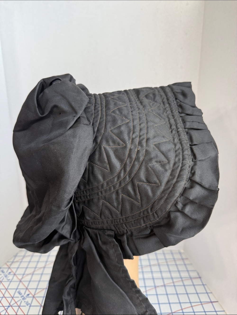 Vintage 1940s Black Satin Bonnet Quilted Ruffle Prairie Victorian Style Costume